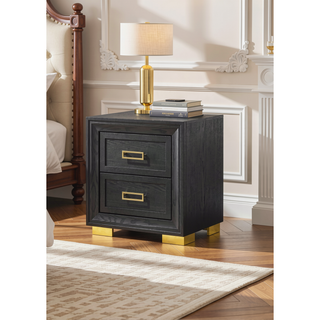 Sunvega Glam Style Black Nightstand with Gold Metal Hardware and Two Drawers