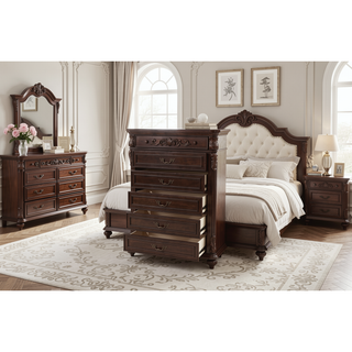 Sunvega Antique Walnut Nightstand with 2 Drawers and Unique Carving Design