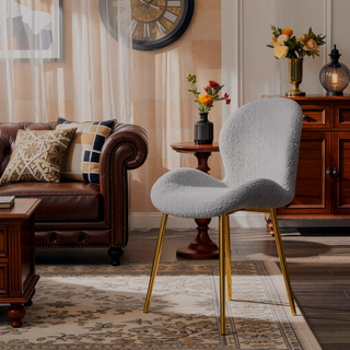 Sunvega Modern Minimalist White Teddy Velvet Dining Chairs Set of 2 with Gold Metal Legs