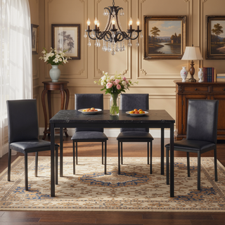 Sunvega Black Faux Marble Top Dining Table with Metal Frame for 4 Seats