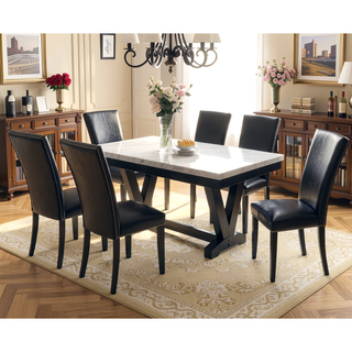Sunvega Modern White Faux Marble Rectangular Dining Table with V Shape Trestle Base