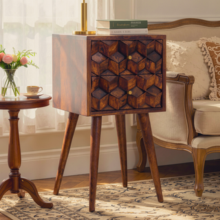 Sunvega Solid Wood Mini Cube Nightstand with 2 Drawers in Chestnut Brown