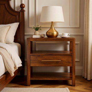 Sunvega Solid Mango Wood Caldera Nightstand with Drawer and Shelf in Honey Caramel