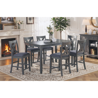 Sunvega Contemporary Gray Acacia Wood Counter Height Dining Table Set with 6 X-Back Chairs