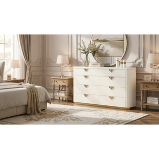 Sunvega Modern High-Gloss Beige Dresser with Six Spacious Drawers and Gold Accents