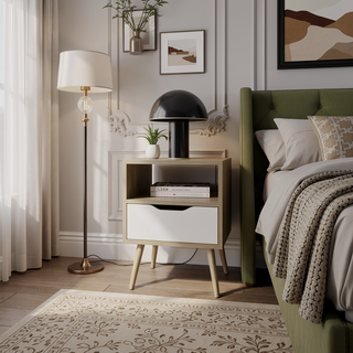 Sunvega Natural Oak and White Nightstand with Open Storage Shelf for Small Spaces