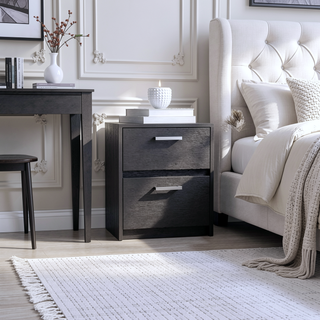 Sunvega White Finish Chequered Nightstand with Two Spacious Drawers