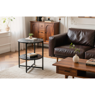 Sunvega Small Round Side Table with 2 Tiers for Bedroom Living Room Farmhouse