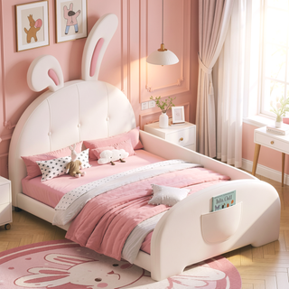 Sunvega Twin Size Upholstered Rabbit-Shape Princess Platform Bed with Headboard