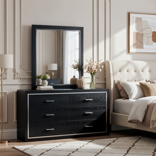 Sunvega Modern Black Nightstand with Two Drawers and Built-In AC USB Outlets