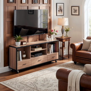 Sunvega Weathered Light Oak 5-Drawer Chest with Side Metal Glides and Industrial Caster Wheels