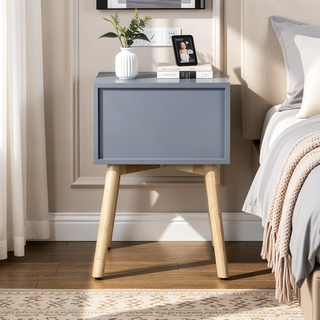 Sunvega Mid-Century Modern Bedside Table with 2 Drawers and Rubber Wood Legs