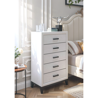 Sunvega White Finish Chest with Black Hardware and Five Drawers