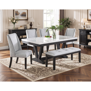 Sunvega Modern Dining Table with White Faux Marble Top and Black Trestle Base