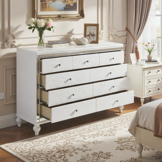Sunvega Modern White Dresser with 9 Crystal Knob Drawers and Faux Alligator Fronts