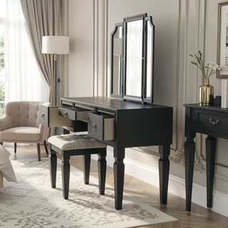 Sunvega Traditional Black Rubber Wood Vanity Set with Tri-Fold Mirror and Tufted Stool