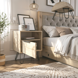 Sunvega Light Oak Nightstand with Hairpin Legs and Drawer for Bedroom or Living Room