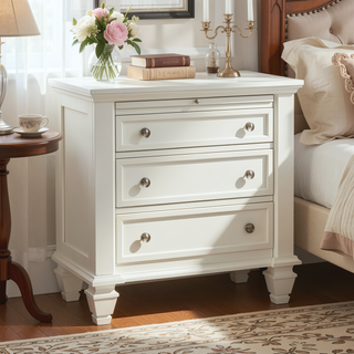 Sunvega Cream White Cottage-Inspired 3-Drawer Nightstand with Slide-Out Tray