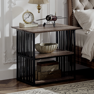 Sunvega Industrial Metal Frame Nightstand with Wooden Top and Two Open Shelves