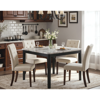 Sunvega Transitional Dining Table with Faux White Marble Top and Black Wood Base