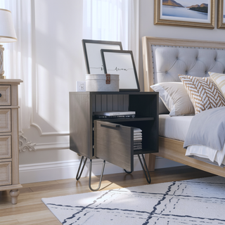 Sunvega Industrial Hairpin Legs Nightstand with Drawer and Open Shelf for Bedroom