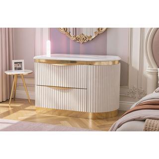 Sunvega White and Gold Lacquered 2-Drawer Nightstand with Soft-Closing Drawers