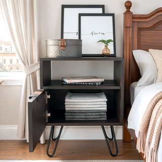 Sunvega Vienna Nightstand with Single Door Cabinet and Two Shelves on Hairpin Legs