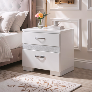 Sunvega White High Gloss Finish Modern Nightstand with 3 Drawers for Bedroom