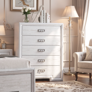 Sunvega Transitional Rustic White Bedroom Chest with Metal Handles and Ball Bearing Glides