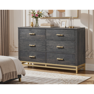 Sunvega Contemporary Gray Finish Dresser with Six Storage Drawers and Gold Accents