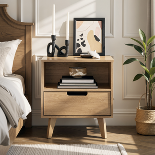 Sunvega Modern Nightstand with Open Cubby Sleek Cutout Drawer and Tapered Legs