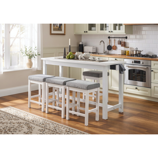 Sunvega White Counter Height Dining Set with USB Ports and Fabric Stools