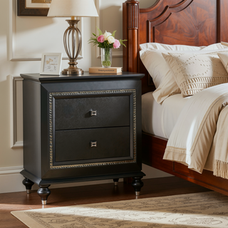 Sunvega Metallic Grey Nightstand with 2 Spacious Drawers and Crystal-Like Trim
