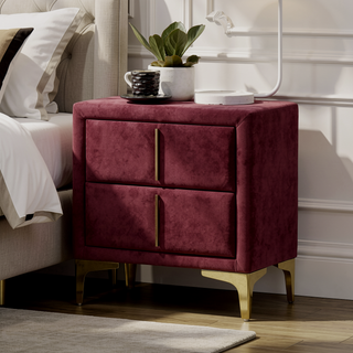 Sunvega Red and Gold Flannelette Nightstand with Upholstered Drawers and Bar Pull Handle