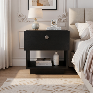 Sunvega Black Single Drawer Nightstand with Open Storage Shelf and Large Top Surface