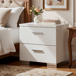 Sunvega Modern White High Gloss Nightstand with 2 Drawers and Chrome Handles