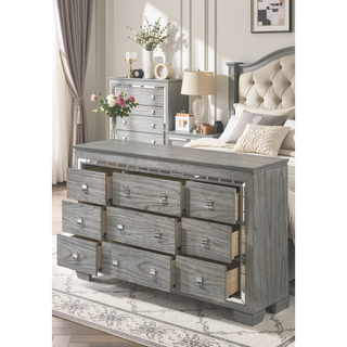 Sunvega Light Gray Oak Dresser with Nine Spacious Drawers and Mirrored Trim