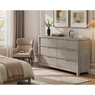 Sunvega Ash Veneers 6 Drawer Dresser with Harringbone Look and Transitional Design