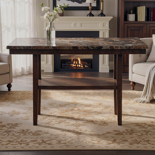 Sunvega Contemporary Brown Bar Table with Faux Marble Top and Storage Shelf