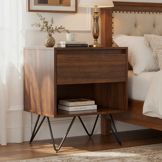 Sunvega Modern Industrial Walnut Veneer Nightstand with Drawer and Open Shelf