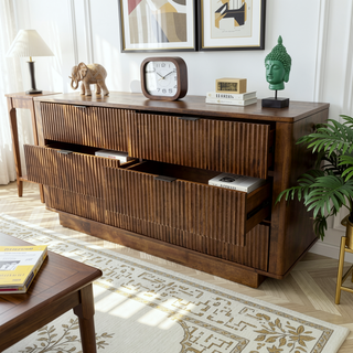 Sunvega Mid Century Modern Walnut Dresser With 6 Drawers for Bedroom