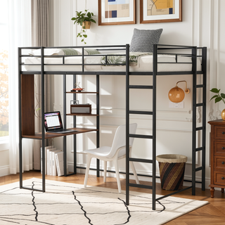 Sunvega Twin Metal Loft Bed with 2 Shelves and Desk for Study and Storage