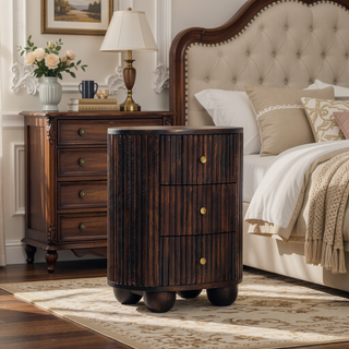 Sunvega Handcrafted Mango Wood Curved Fluted 3-Drawer Drum Chest