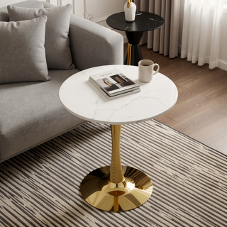 Sunvega Round White Pedestal Side Table with Marble Effect Top for Living Room