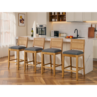 Sunvega Full Solid Wood Rattan-Back Bar Stool with Matte Linen Cushion for Kitchen Island
