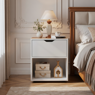 Sunvega White Altheimer Bedside Table with Drawer and Open Shelf
