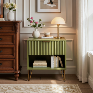 Sunvega Modern Glam Nightstand with Gold Metal Legs and Textured Drawer