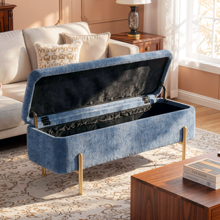 Sunvega Gold Metal and Blue Fabric Contemporary Storage Bench with Flip Top Lid