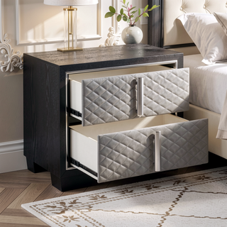Sunvega Silver and Black Nightstand with Diamond Quilted Drawer Fronts