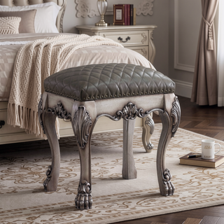 Sunvega Vanity Stool with Tufted Upholstered Seat and Vintage Bone White Claw Legs